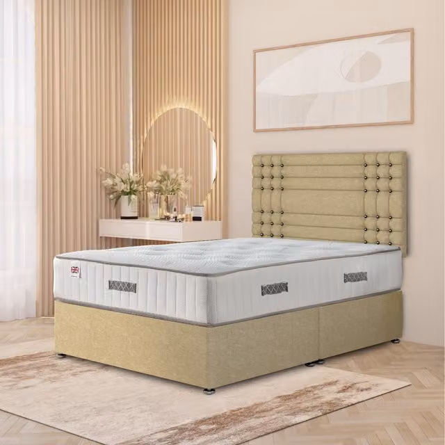 Somnior Beds Ltd Saville Linen Divan Bed Set with 32 inch Headboard and Orthopaedic Mattress, Beige, W/D/H: 140 x 200 cm