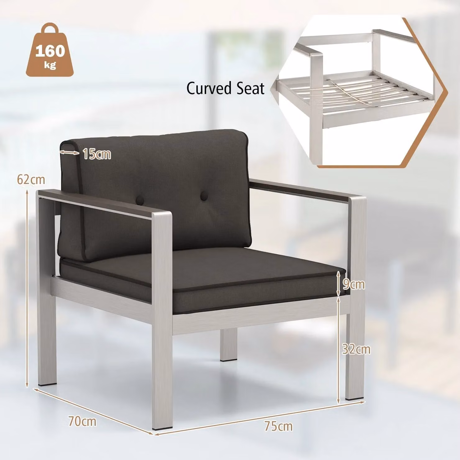Costway Modern Aluminum Outdoor Patio Armchair with Cushions in Grey – 2
