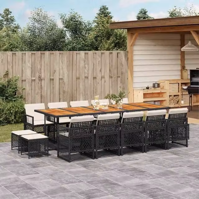 Berkfield Home 15 Piece Black Poly Rattan Garden Dining Set with Acacia Wood Table and Cushions