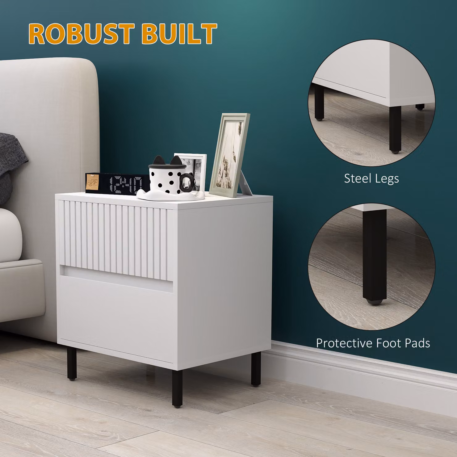 HOMCOM Set of 2 Simple Line Indented Two-Drawer Bedside Tables in White – 4