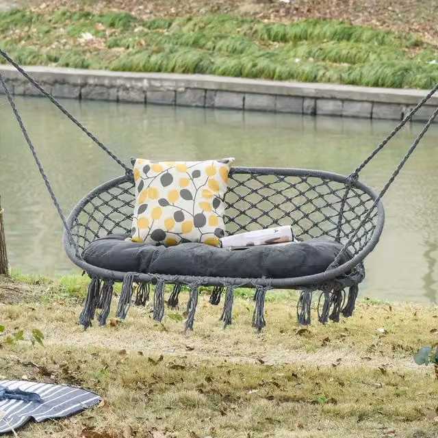 OUTSUNNY Macrame Hanging Hammock Chair in Cream White and Dark Grey