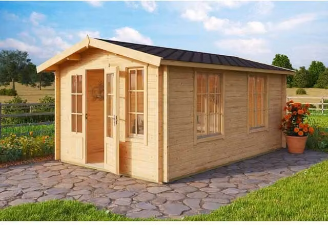 Lasita Maja Ltd Alexandra Log Cabin Garden Room and Home Office in Light Brown, W: 347.6 cm, D: 535 cm, H: 245.1 cm