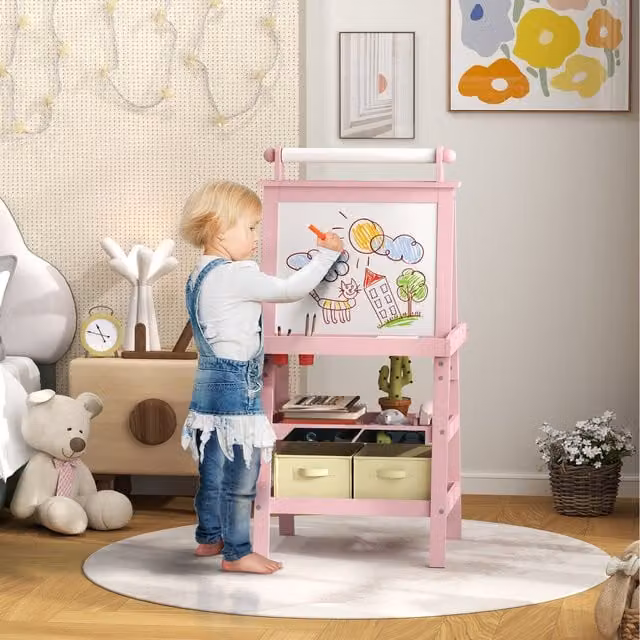 AIYAPLAY Double-Sided Art Easel with Paper Roll and Chalkboard for Kids, Pink