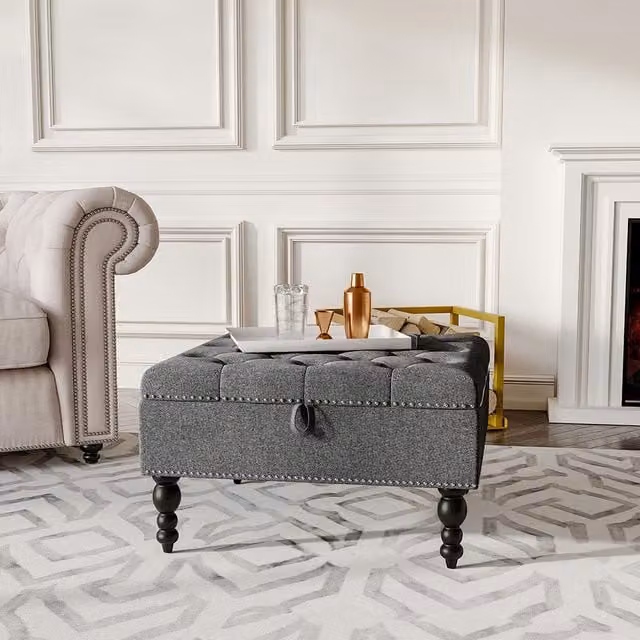 Livingandhome Rectangular Tufted Linen Storage Ottoman in Grey with Wood Legs W/D/H: 74 x 74 x 74 cm