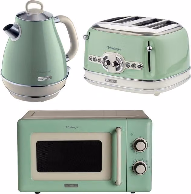 Ariete Vintage Breakfast Set with 4-Slice Toaster, 1.7L Kettle and Microwave in Green or Blue