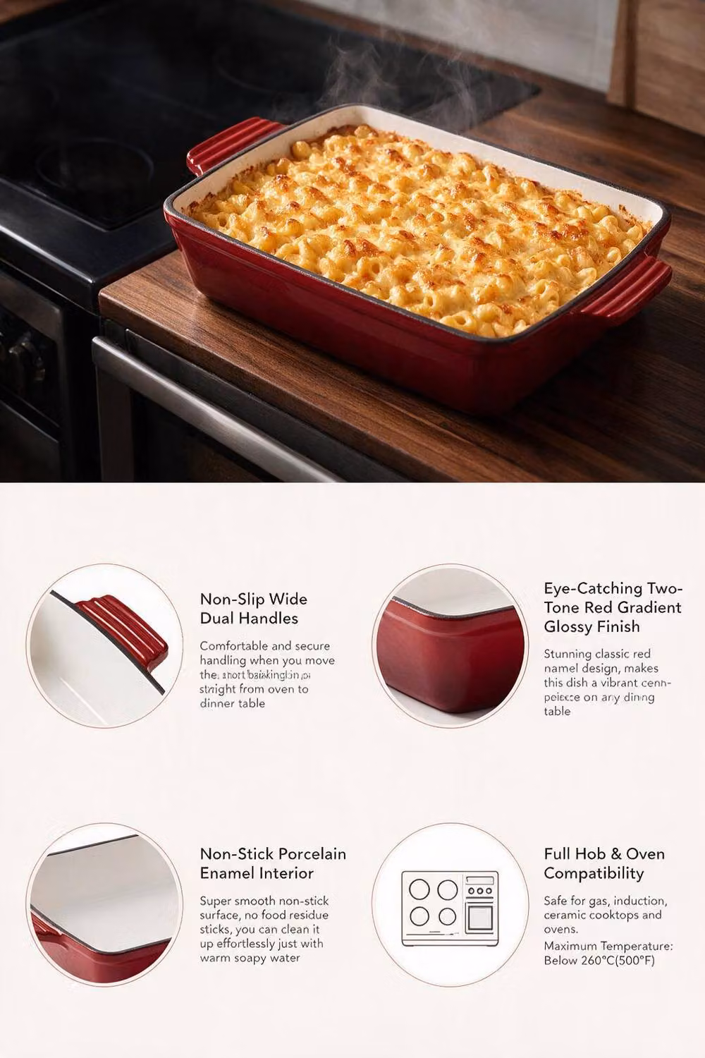 ExtraStar Enamelled Cast Iron Rectangular Casserole Dish with Lid and Dual Handles, Red – 4