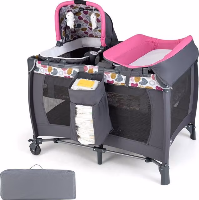 Costway Foldable Baby Playard with Rocking Bassinet in Grey