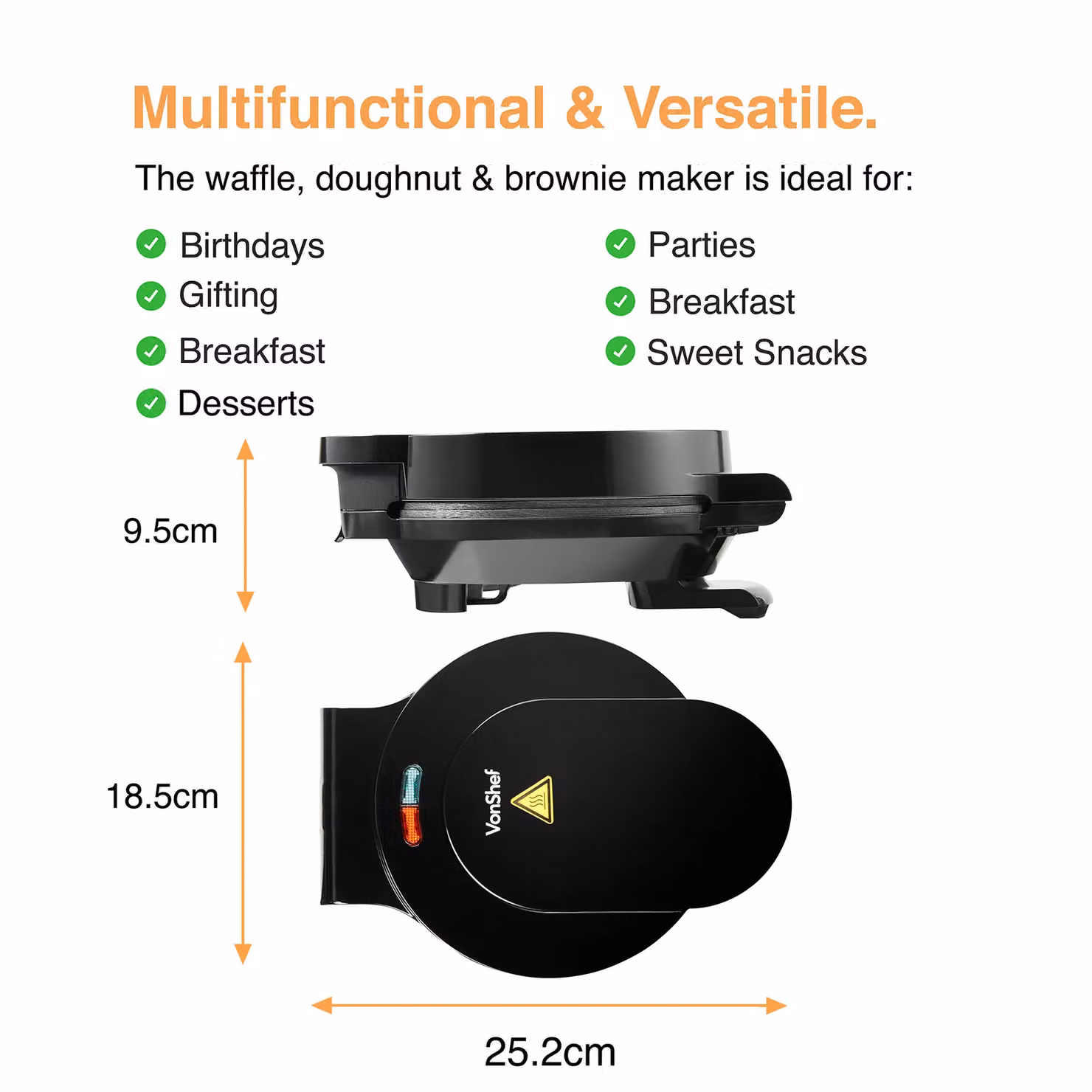 VonShef 3 in 1 Waffle, Brownie and Doughnut Maker with Non-Stick Removable Plates, 800W, Black – 5
