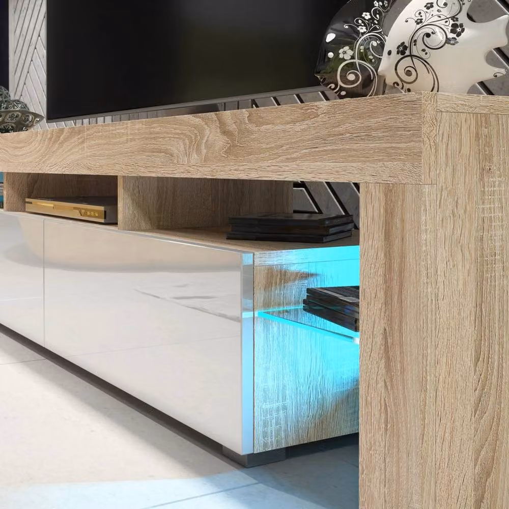 Mex Furniture Pawnora Modern TV Unit and Sideboard Cabinet in Oak and White Glossy Wood Finish – 2