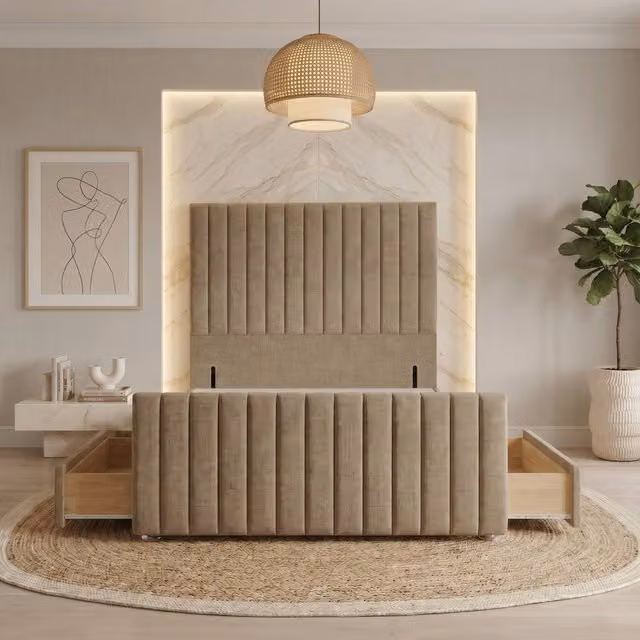 Somnior Eleanor Linen Divan Base with 4 Drawers, Headboard and Footboard, Brown, W/D/H: 140 x 200 cm