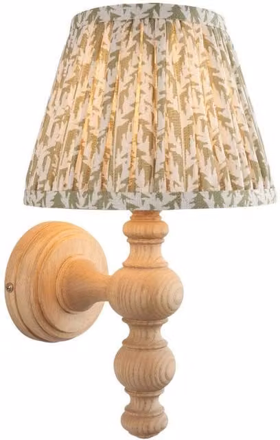 Netlighting Bibury Ash Wall Light in Green with Herb Garden Fabric Leaf Shade and Brass Details, 20cm, B22