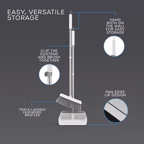 Swan Elevate Long-Handled Dustpan and Brush Set with Angled Feathered Soft Bristles and Built-in Retractable Comb, White – 5