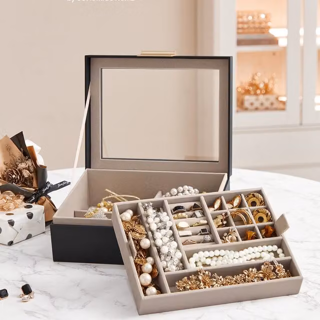 SONGMICS 2-Layer Jewellery Box Organiser with Removable Tray and Lid, Black