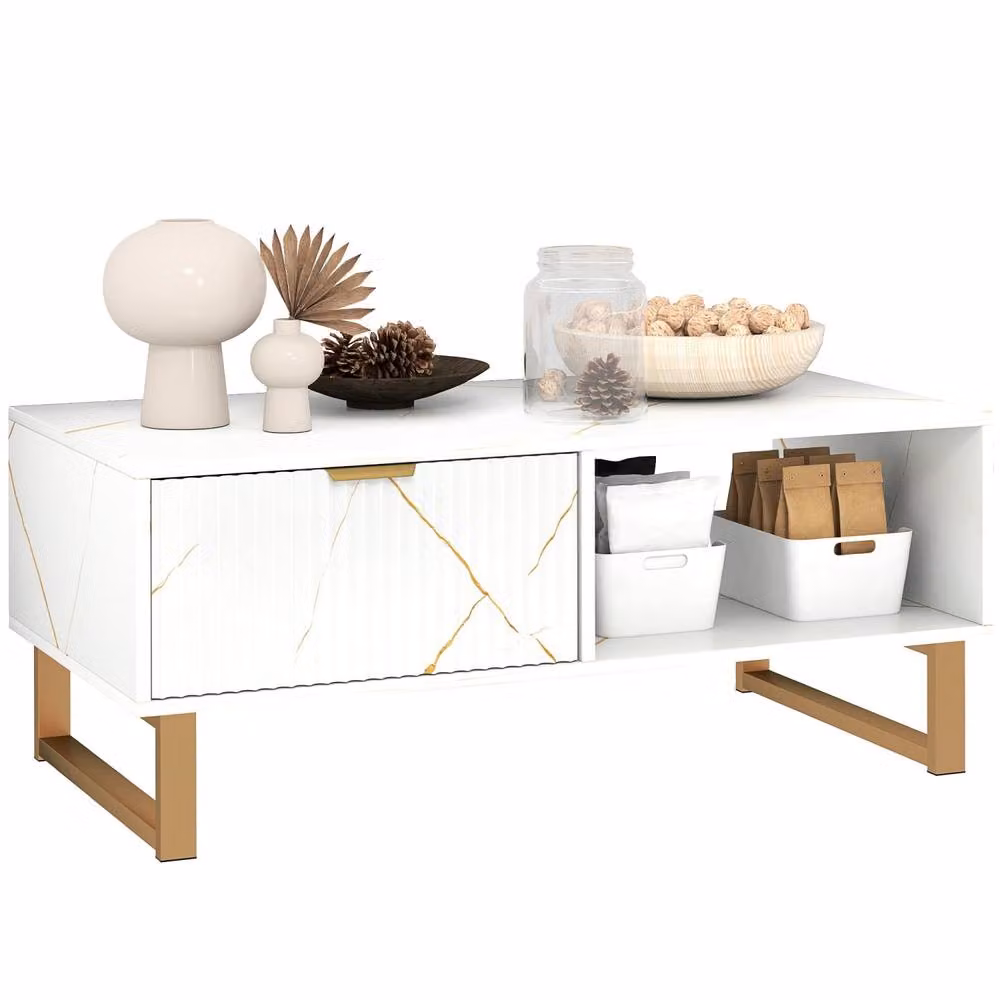 Wyld Haus Lima White Marble Effect Coffee Table with Gold Accents and 2 Storage Drawers, W/D/H: 100 x 50 x 40 cm – 2