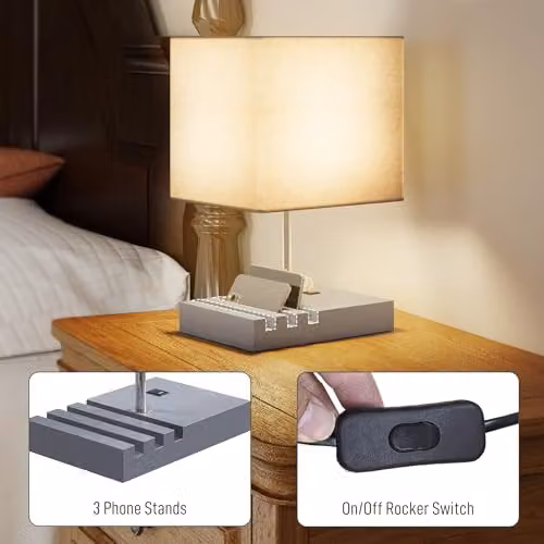 HOMCOM Grey Bedside Lamp with USB A+C Charging Ports and 3 Phone Stands – 4