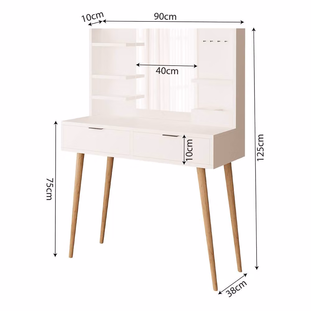 BIMOSSA Bella Women's Vanity Dressing Table with Mirror and 2 Drawers, White, W/D/H: 125 x 40 x 90 cm – 2