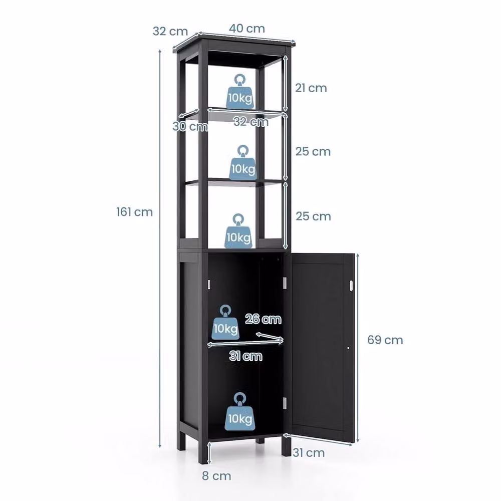 FORGEVIO Modern Slim Bathroom Floor Cabinet with 3 Open Shelves in Matt Black – 2