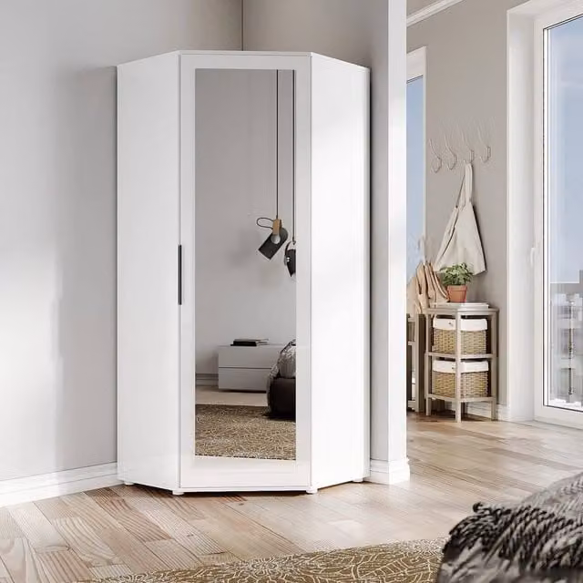 FORGEVIO Modern White Glossy Corner Mirrored Wardrobe with Hinged Glass Doors – 1