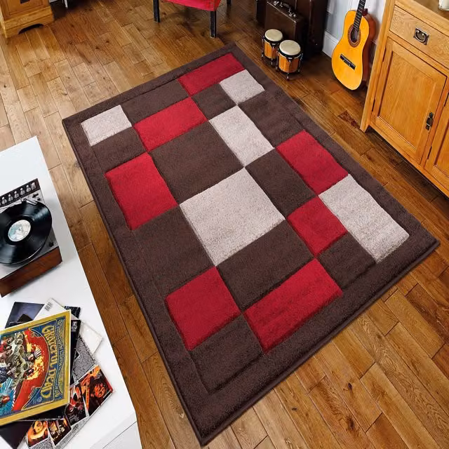 Havana Hand Carved Thick Rectangular Area Rug in Brown and Red, 220 cm