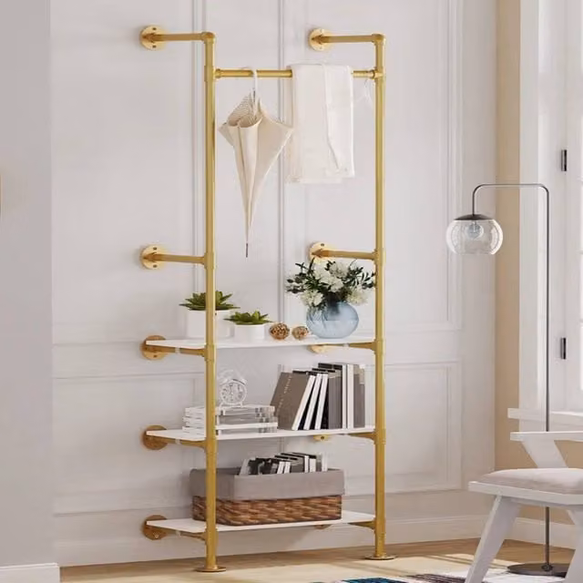Kelvenix Industrial Metal and MDF Clothes Rail in Gold and White