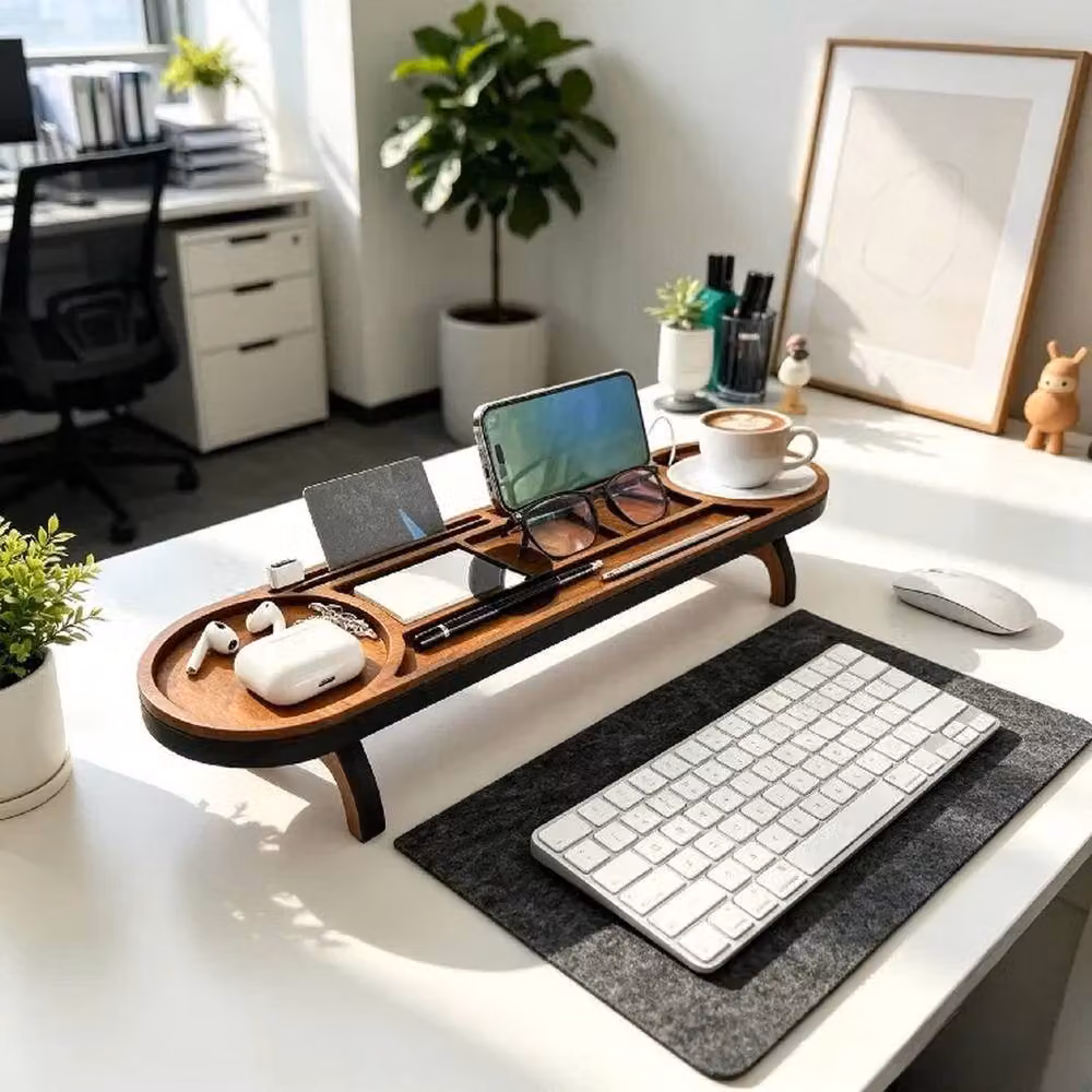 PAWNORA Multi-Compartment Solid Wood Desk Organiser Tray in Brown – 4