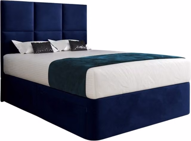 KDMD Dime Blue Velvet Upholstered Floorstanding Headboard and Divan Bed Frame with Drawers, W/D/H: 140 x 200 cm
