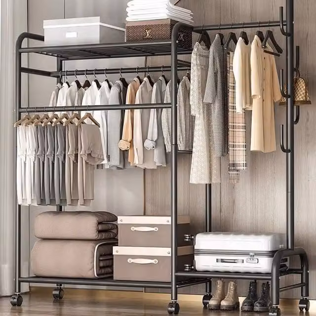 FORGEVIO Double Clothes Rail Rack Garment Hanging Stand with Wardrobe Shelf, Black
