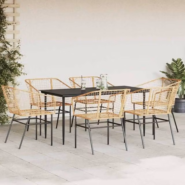 Berkfield Home Beautiful 7 Piece Brown Poly Rattan Garden Dining Set with Glass Top – 1