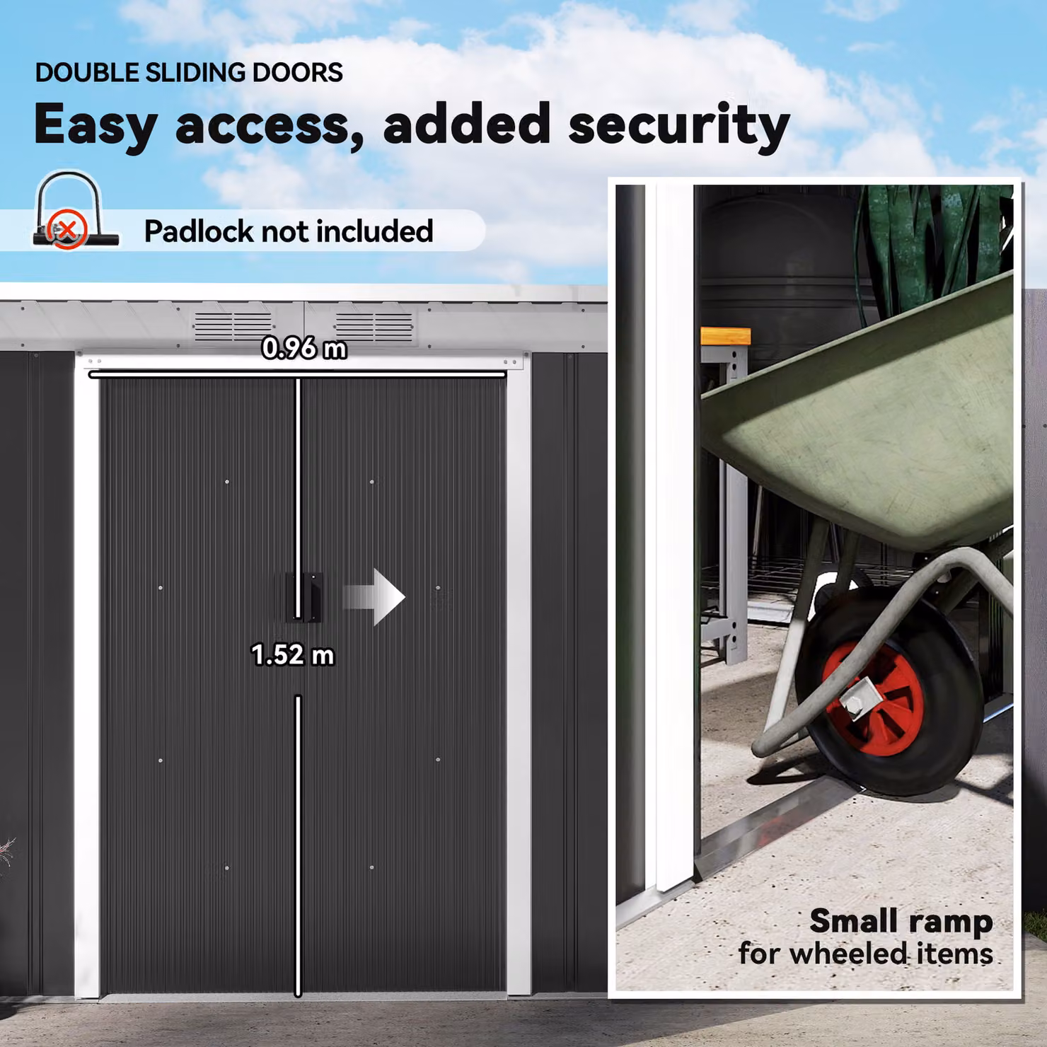 Outsunny Metal Garden Storage Shed in Dark Grey with Pent Roof, Double Doors and Window – 5
