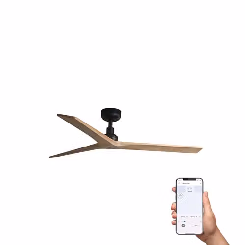Netlighting Klim Medium 3-Blade Ceiling Fan, Matt Black and Brown Wood, Diameter: 125 cm, Tuya Smart System