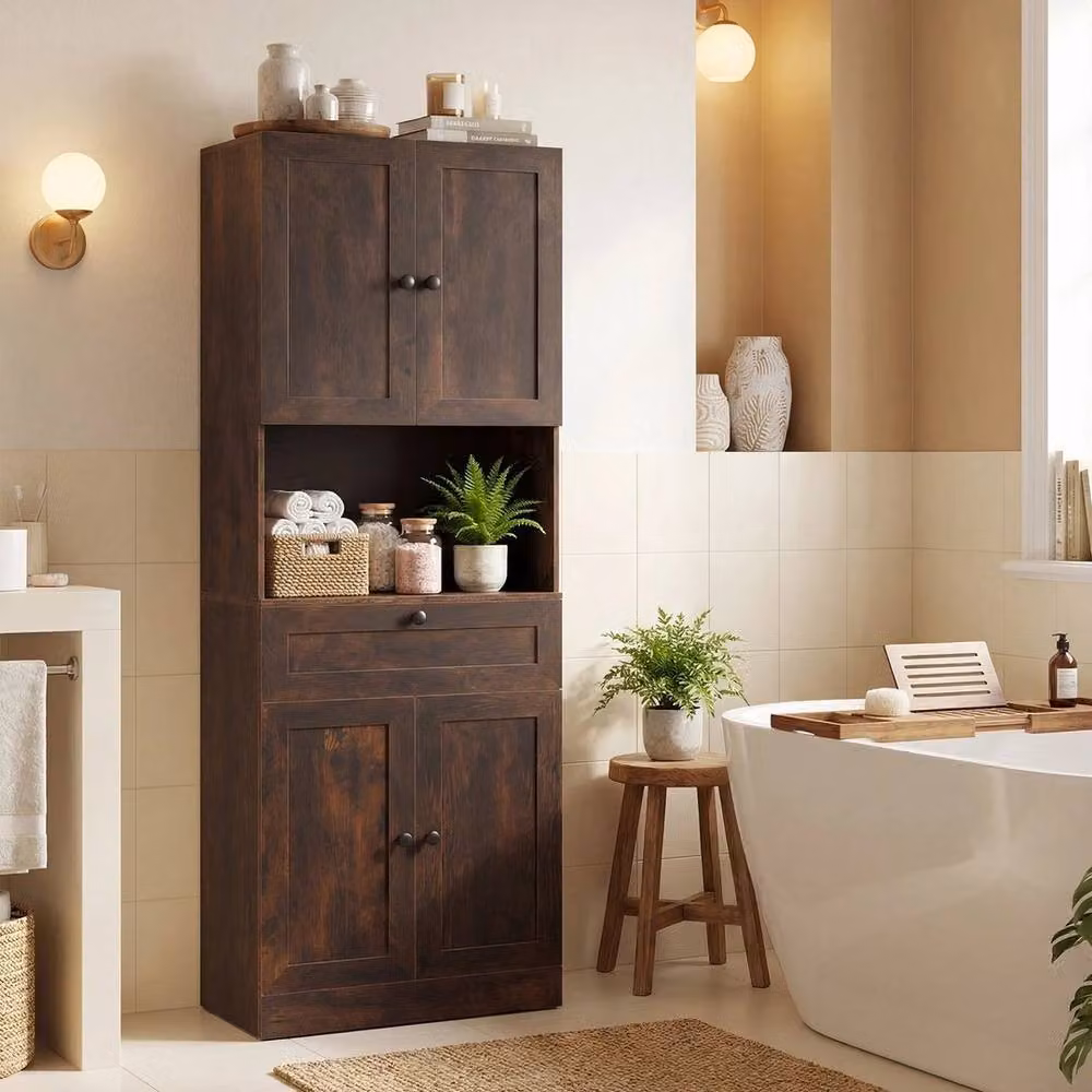 Kelvenix Freestanding Brown Bathroom Cabinet with Soft-Close Hinged Doors and Internal Shelves, Height: 171.5 cm – 3