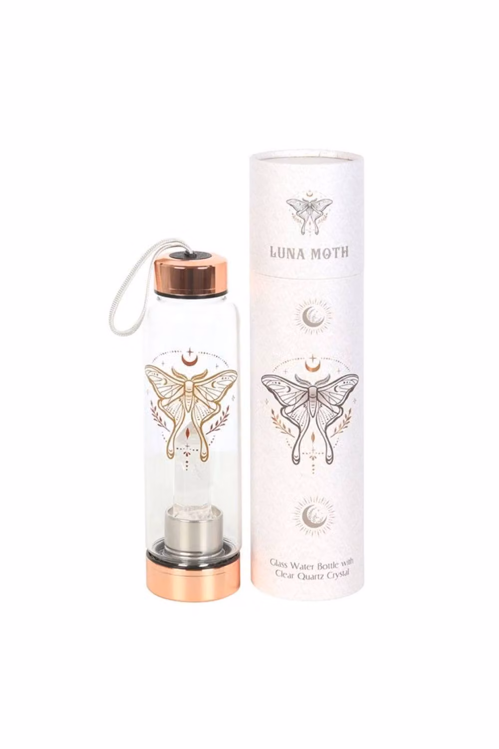 KDMD Luna Moth Glass Water Bottle with Clear Quartz Crystal, 500 ml, Transparent – 2