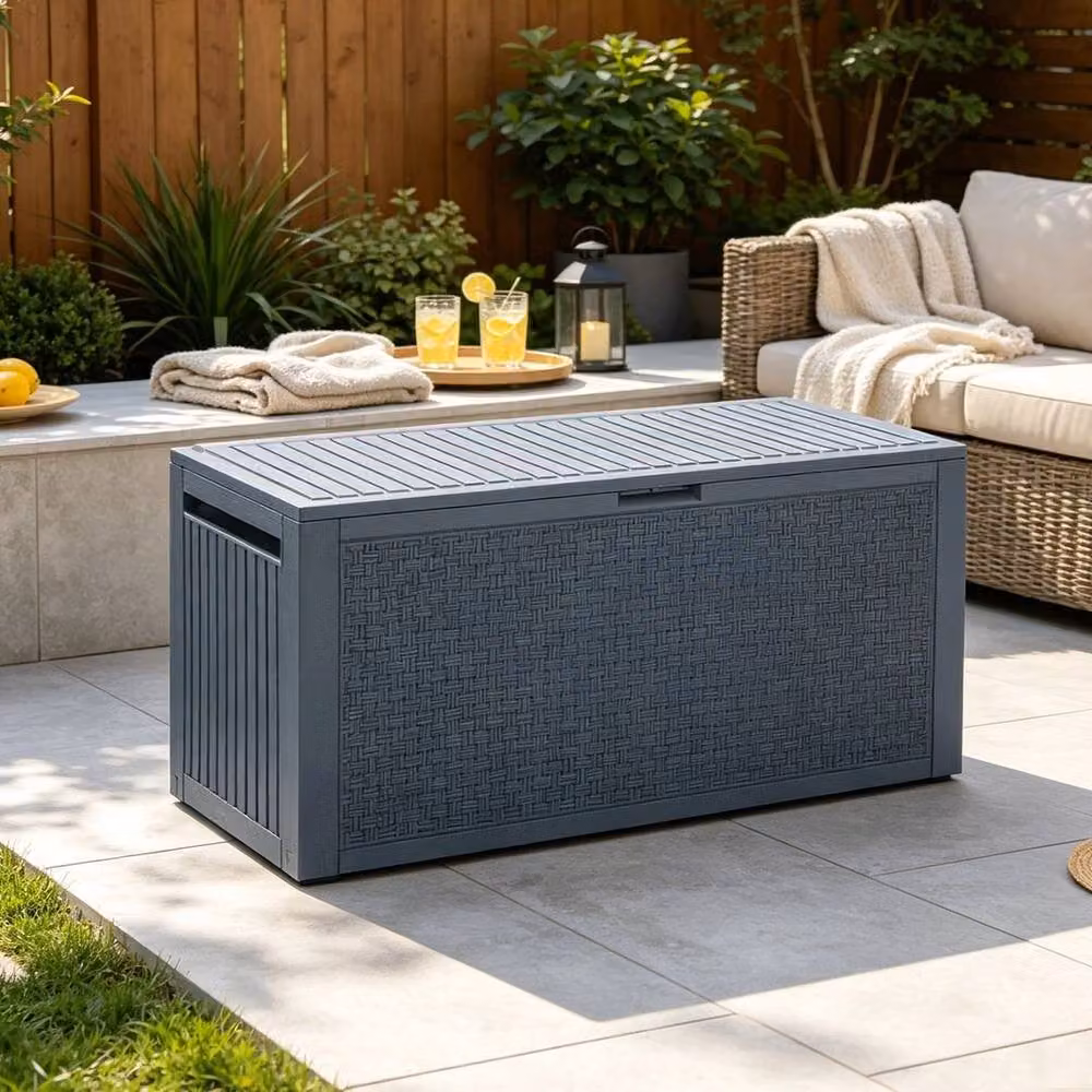 KORVIXA Large Plastic Garden Storage Box, Grey, W/D/H: 100 x 100 x 59.4 cm – 3