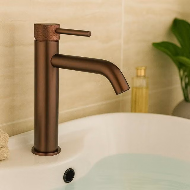 Bathroom Kingdom Redondo Brushed Bronze Round Tall Basin Mixer Tap in Brown
