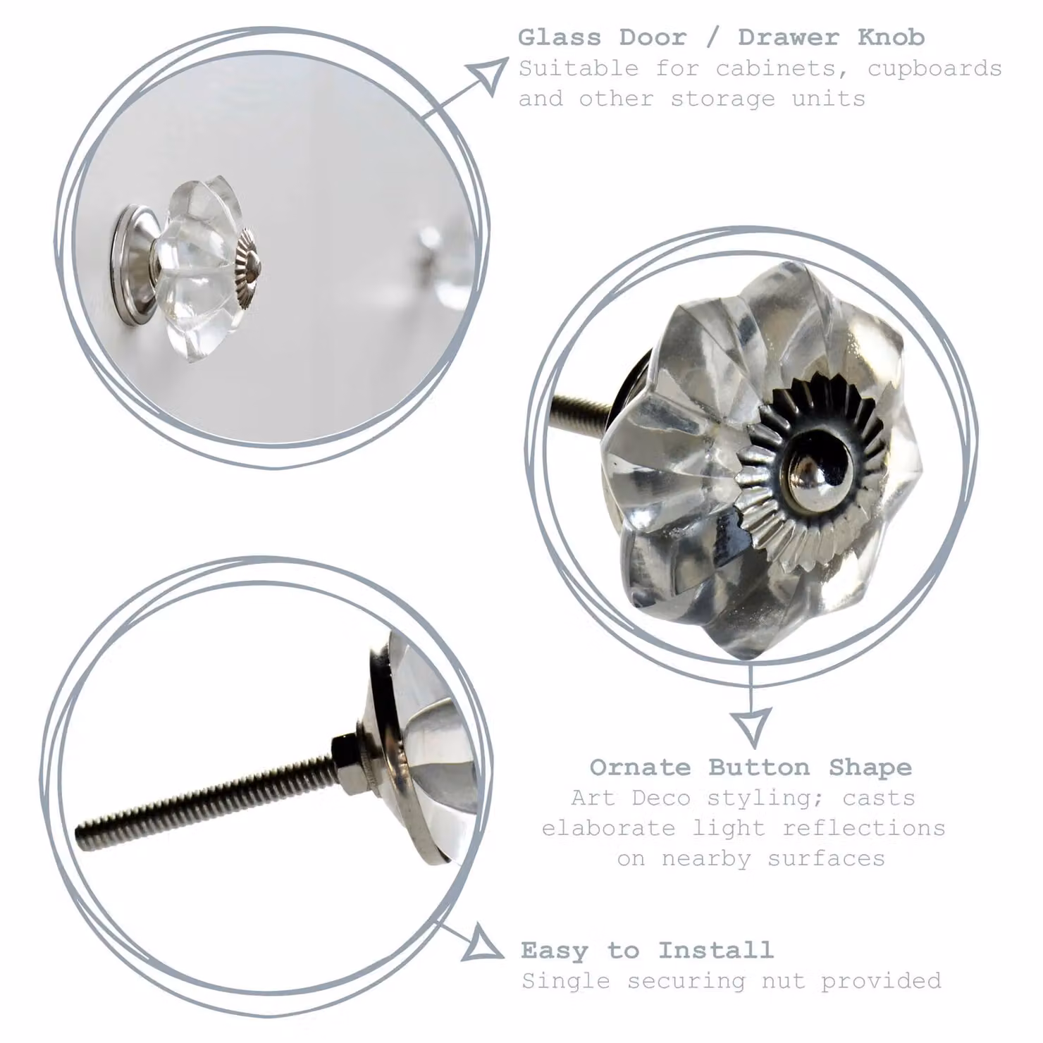Nicola Spring Transparent Glass Cabinet Knob with Polished Threaded Stem – 2