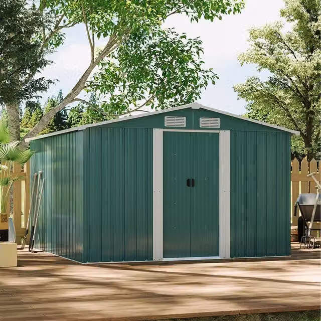 Livingandhome Apex Metal Garden Shed with 4 Plastic Roof Vents, Green, W/D: 243.84 x 243.84 cm