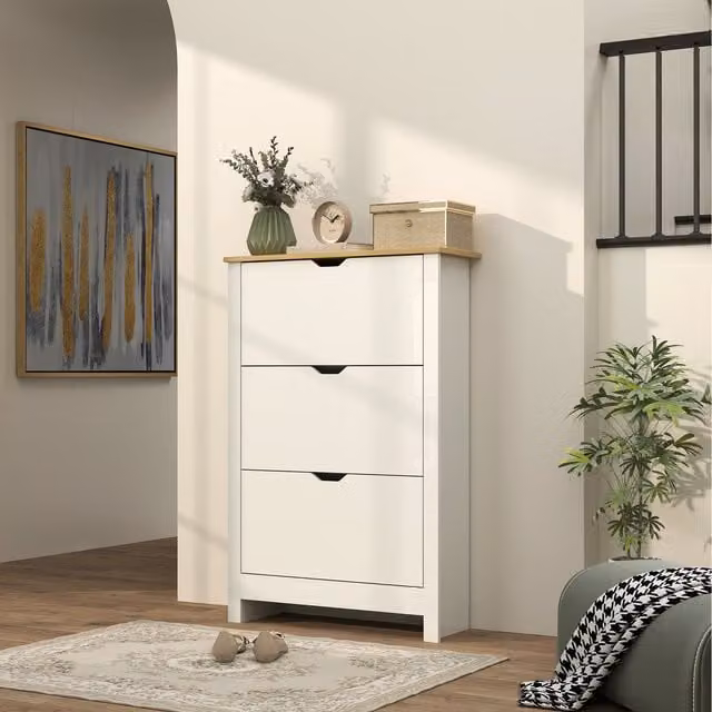 HOMCOM Modern White High Gloss Shoe Storage Cabinet with 2 Drawers and Tilting Compartments for 12 Pairs of Shoes