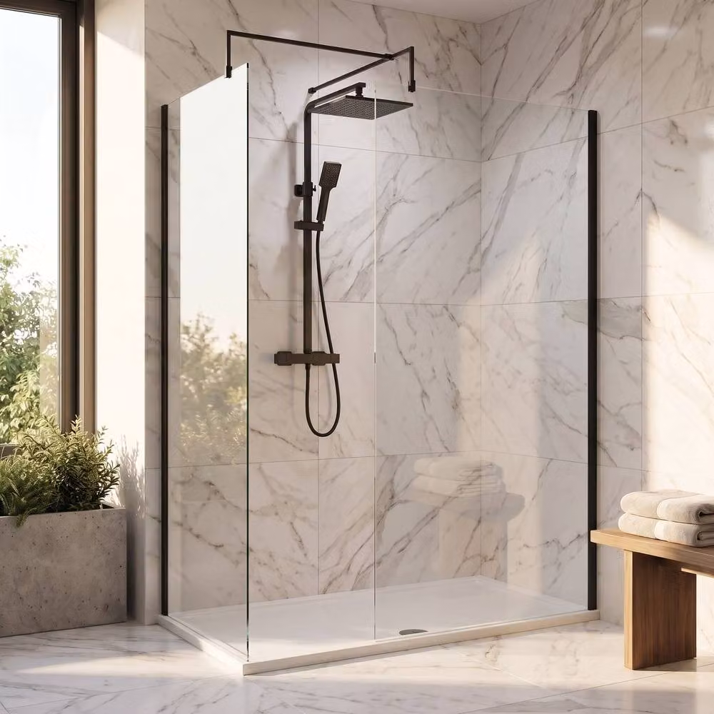 Balterley Walk-In Wetroom Bundle with Rectangular Tray and Fixed Glass in Matt Black, W: 1600 mm, D: 700 mm – 2