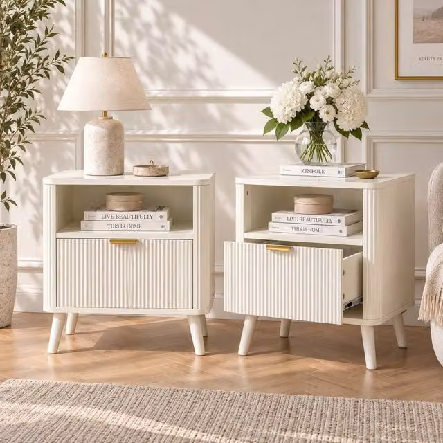 Merax Set of 2 Fluted Bedside Tables with Drawer and Open Shelf in Cream – 1