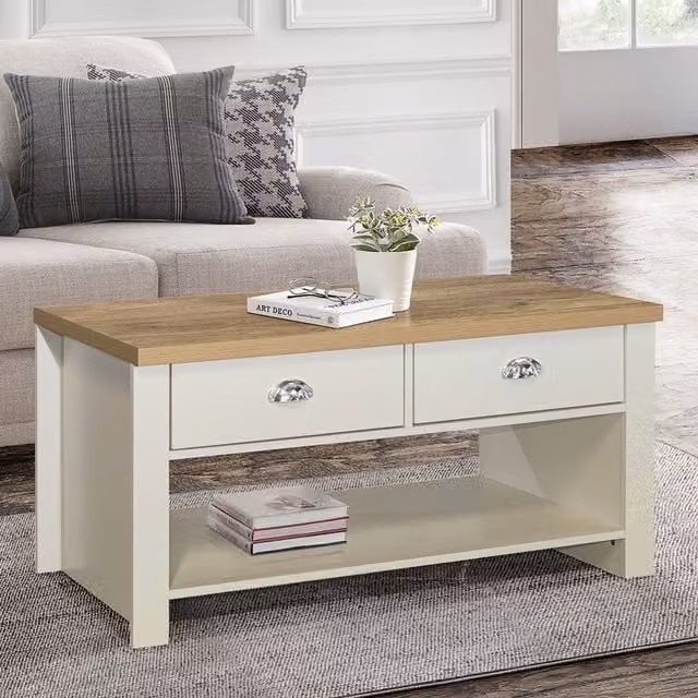 Highgate Classic Rectangular 2 Drawer Coffee Table in Cream and Oak