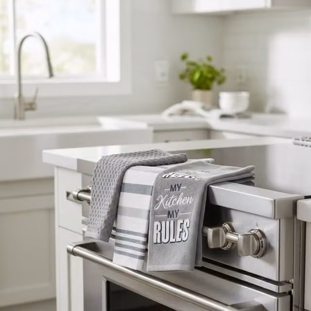 Kitchen Trends Highly Absorbent Striped Embroidered Tea Towel Set, My Kitchen My Rules, Grey and White, 3 Pack
