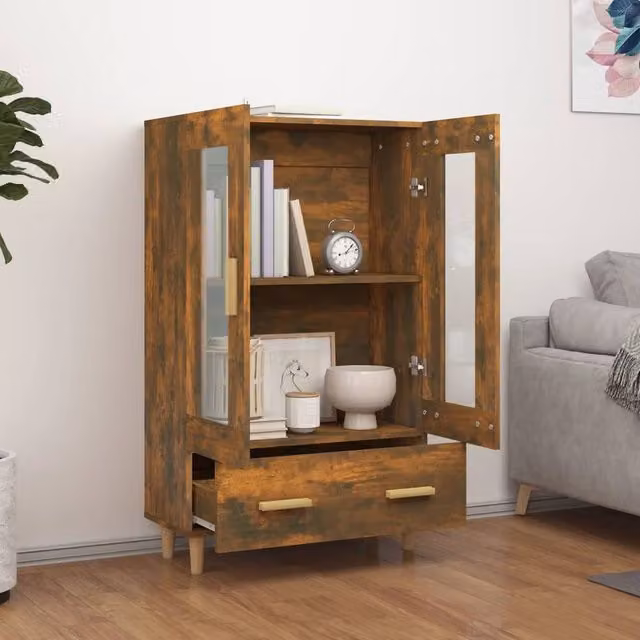 Berkfield Home Smoked Oak Highboard in Brown with Glass Doors, W/D/H: 70 x 31 x 115 cm