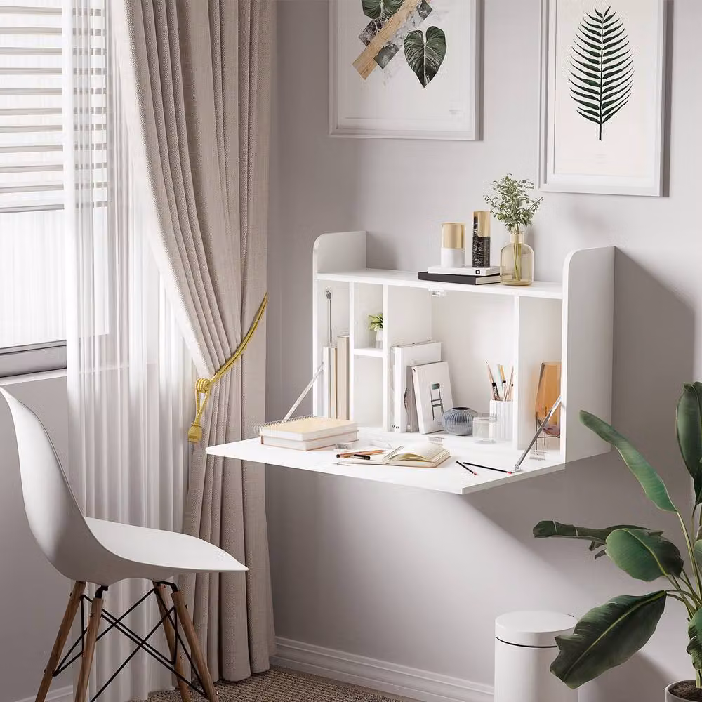 Rolipo White Wall-Mounted Drop Leaf Desk with Storage Compartments – 2