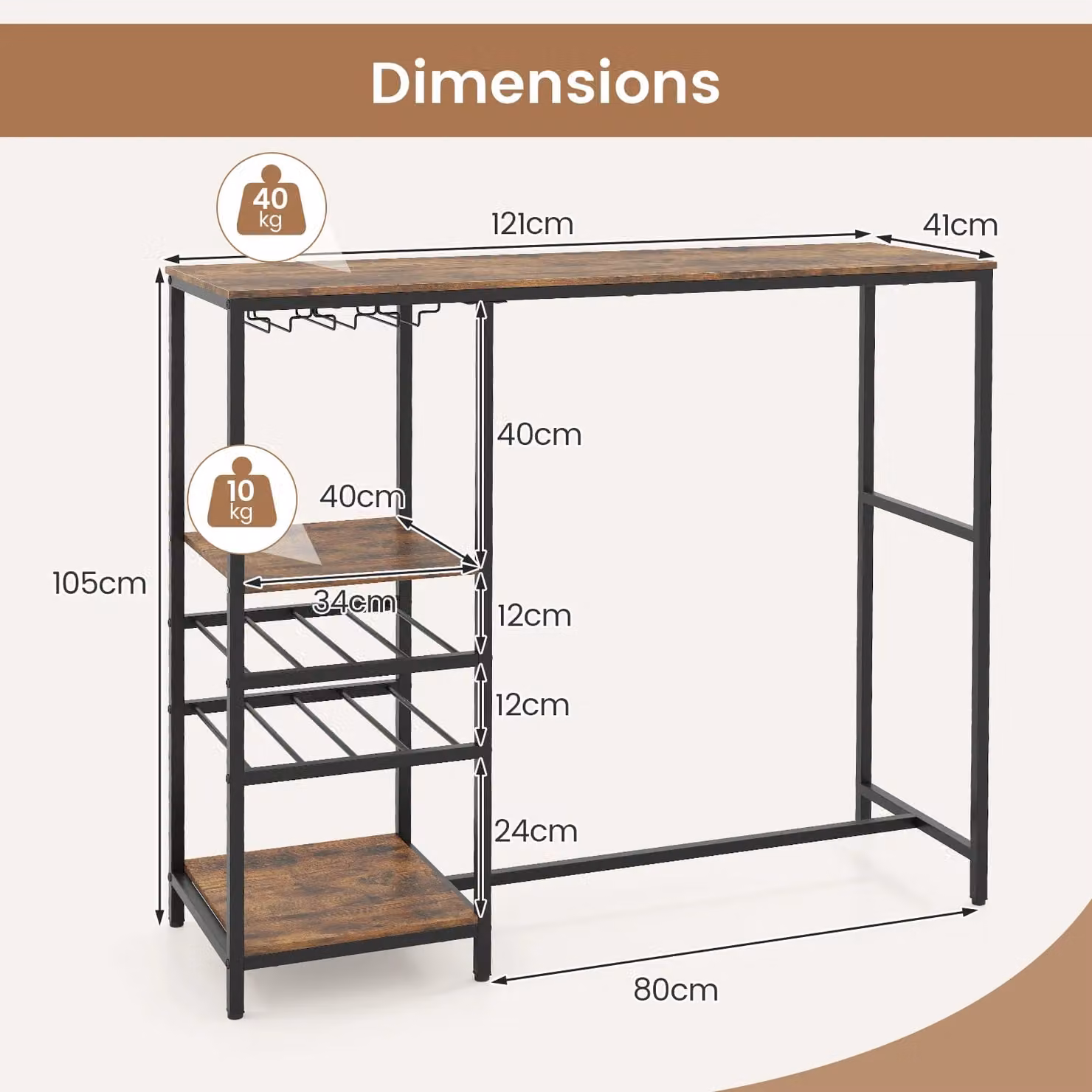 Gymax Rustic Brown Bar Table with Glass Top and Serving Shelves – 2