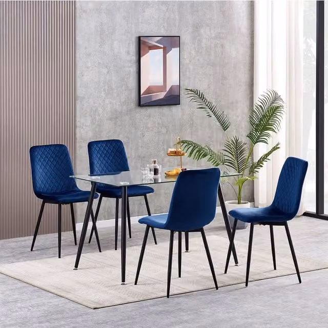MCC Direct Lexi Set of 4 Modern Velvet Fabric Upholstered Dining Chairs with Metal Frame in Blue – 1