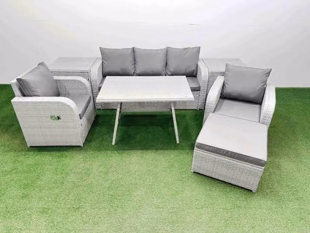 Fimous Reclining Garden Furniture Set in Light Grey with 3-Seater Sofa, Lounge Armchairs, Ottoman and 2 Side Tables