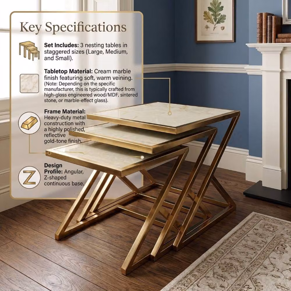 Home Luxe Interior Carra Gold Nest of 3 Tables with Cream Marble Tops and Gold Metal Frames – 4