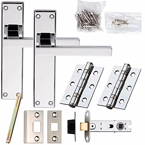 Loops Chrome Straight Rounded Bar Door Handle and Latch Pack with Screwless Round Rose