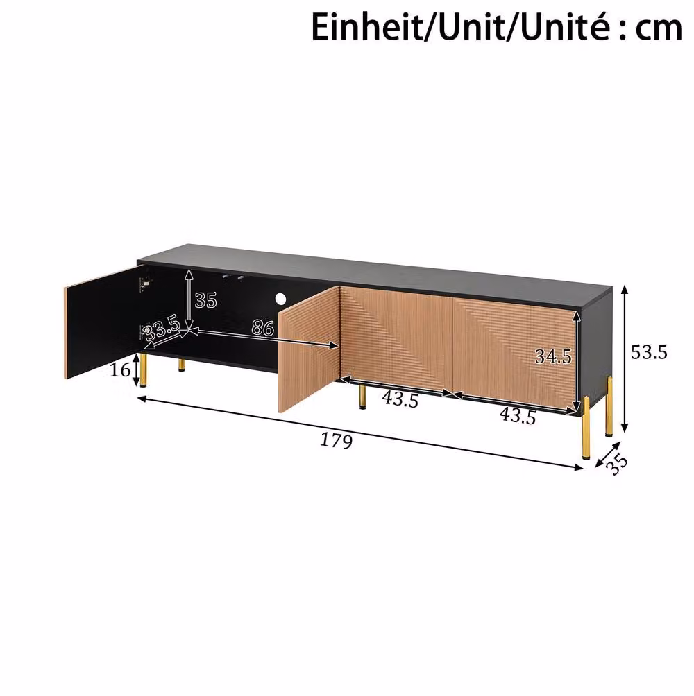 STILVORA Modern TV Cabinet with 4 Hinged Rattan Doors in Black and Gold, Width: 179 cm – 2