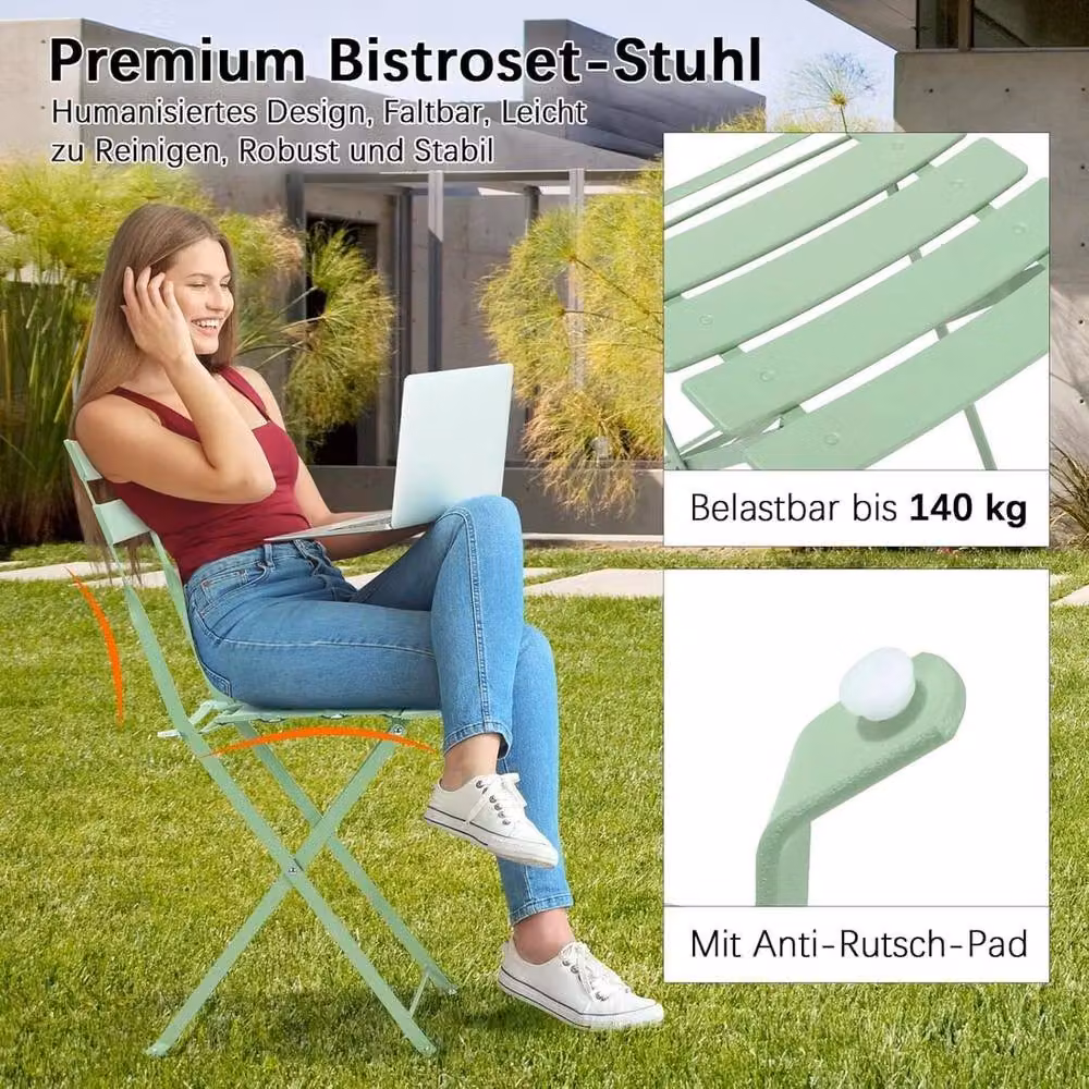 PAWNORA 3-Piece Green Metal Folding Bistro Set for Garden, Balcony or Terrace – 2